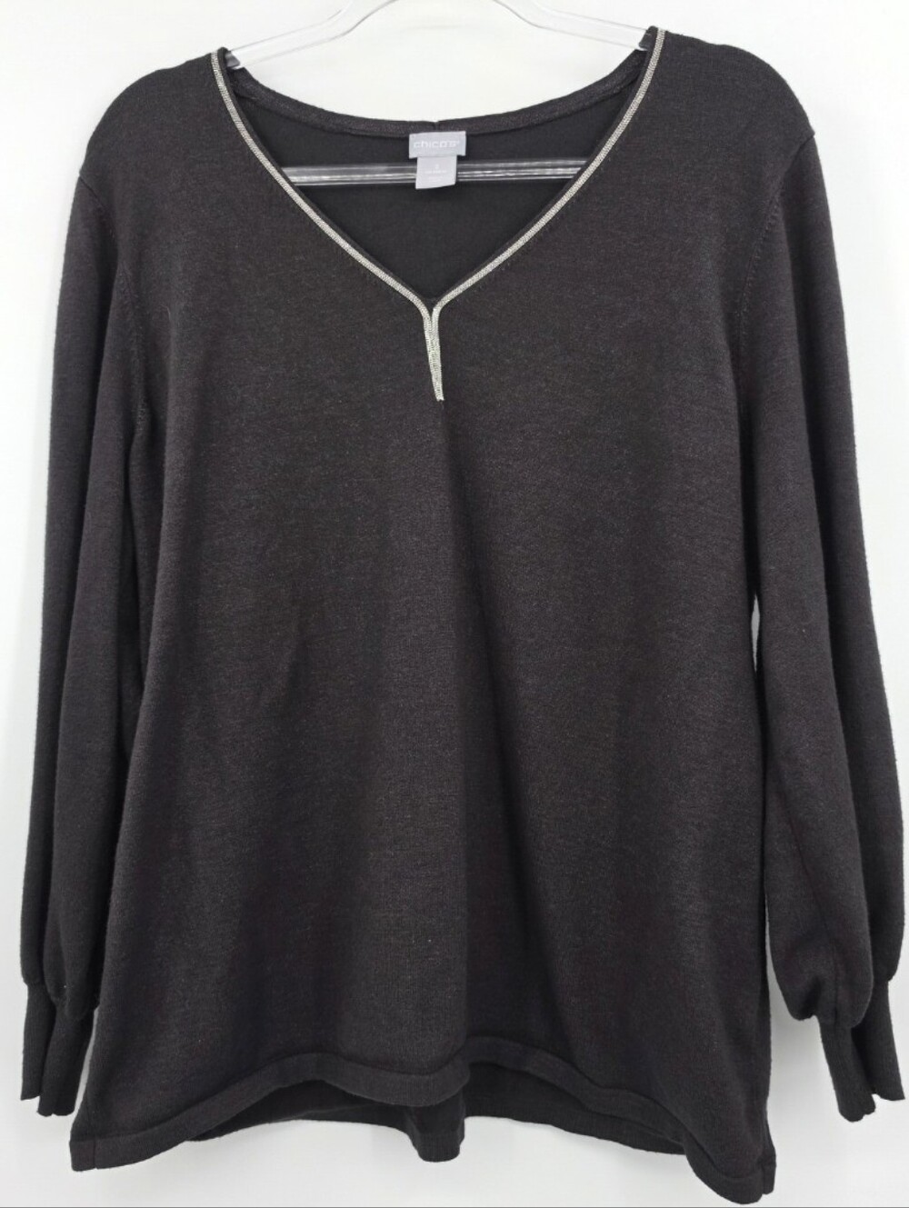 Chicos 3 Caviar Trim Pullover Sweater XL Charcoal Balloon Sleeve